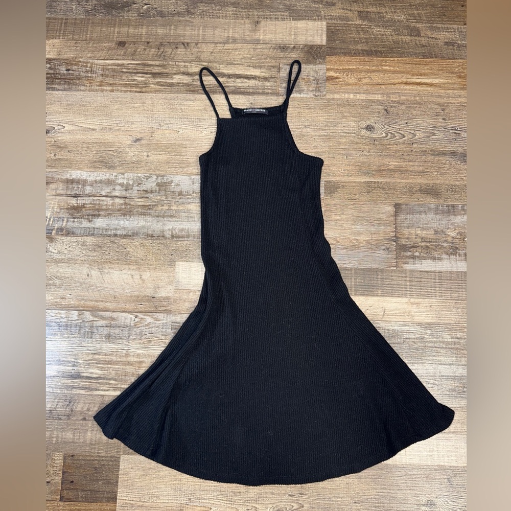 Brandy Melville Black Ribbed Skater Dress One Size A-Line Square Neck - Picture 3 of 8